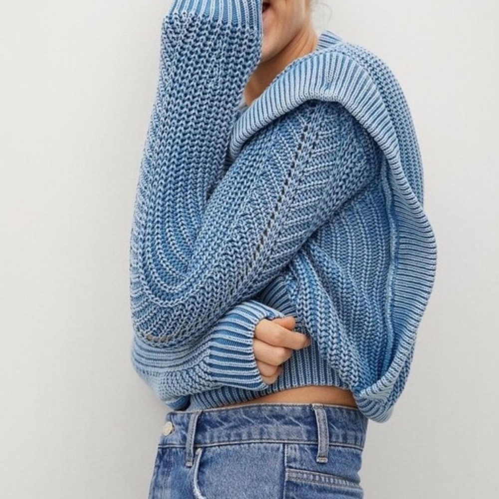 Mango Light Blue Cable Knit Button-Front Cardigan Sweater - Picture 2 of 10